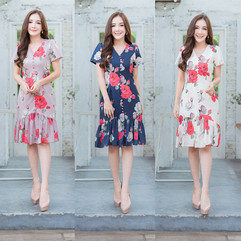 kudapy เดรสสั้นสีกรม/ครีม/ชมพู คอวีกระโปรงชีฟองสวยใส ใส่แล้วดูดีมากๆ