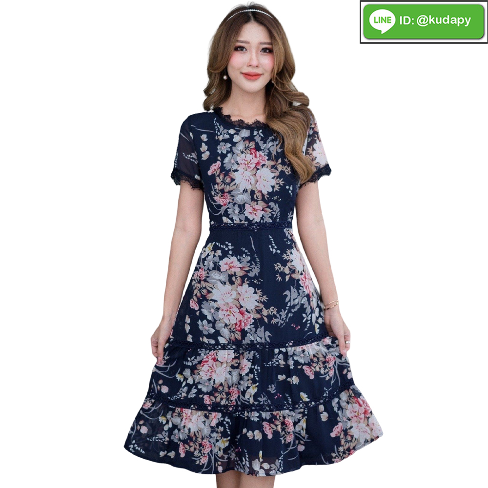 kudapy เดรสสั้นคอกลมแขนสั้นสีชมพู สีเหลือง สีกรมท่า เดรสผ้าชีฟองพิมพ์ลายสวยหวาน มีซิบหลัง ซับในอย่างดีค่ะ
