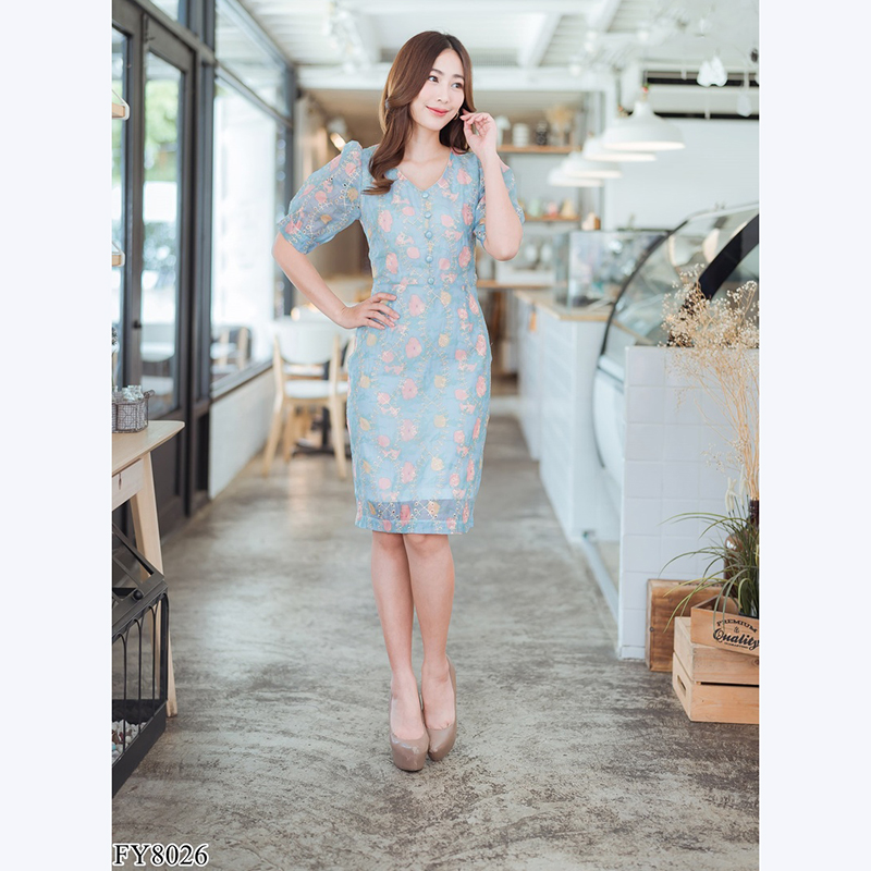 kudapy เดรสสั้นสีโอรส/ฟ้า/กรม เข้ารูปผ้าปักทองสวยดูดีใส่สบาย