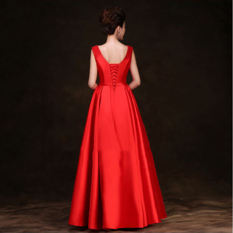 kudapyเดรสยาวสีแดง/ขาว/ครีม แบบแขนกุด ผ้าซาตินเรียบหรู แต่งโบว์2ชั้น ช่วงเอว (เชือกผูกหลัง)