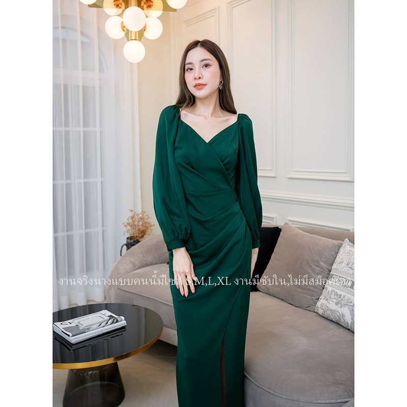 kudapy เดรสราตรีแขนยาวปาดคอวีสีแดง/สีเขียว/สีชมพู ผ่าสูงข้าง งานสวยคุ้มราคา ซิปหลังมีซับใน เริ่ดมากก