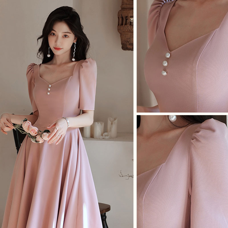 kudapy เดรสสั้นสีชมพู เดรสสั้นแขนสามส่วนกระโปรงทรงบาน สวยหวาน เรียบหรู สวยดูดี สไตล์มินิมอล ใส่ได้ทั้งงานกลางวัน