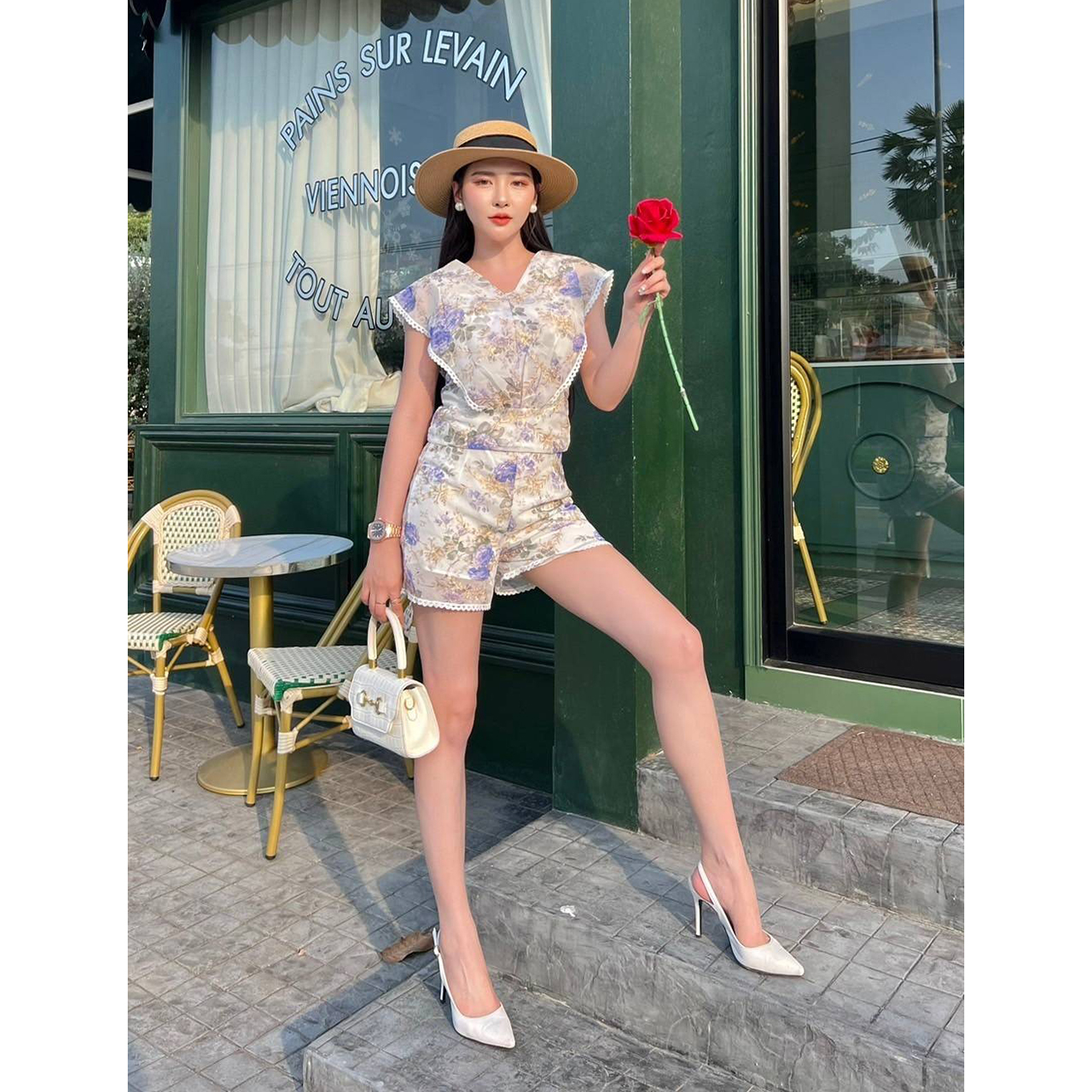 kudapy set เสื้อ+กางเกง งานปัก แต่งฉลุ ผ้าดีมาก ใส่สบาย เรียบหรูไฮโซ ใส่เที่ยว ใส่ชิว