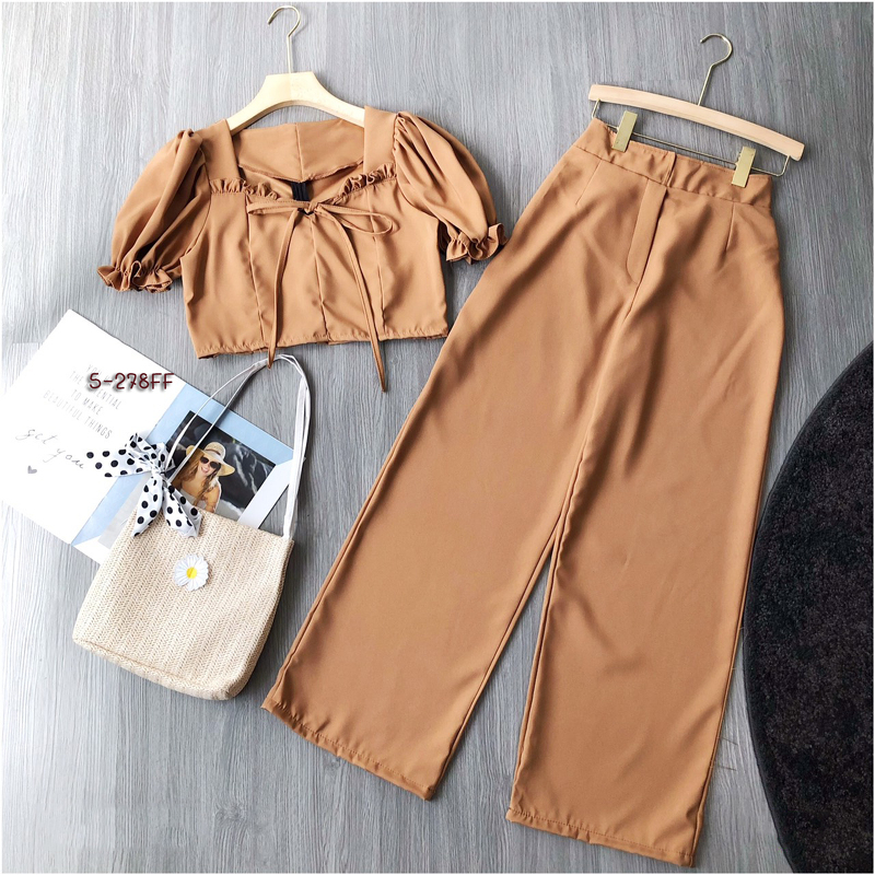 kudapy Set 2 ชิ้นสี ชมพู น้ำตาล เขียว เสื้อแขนพองปลายแขนสม๊อค อกจับจีบผูกโบว์ มาพร้อมกางเกงขายาว สวยๆ เก๋ๆ