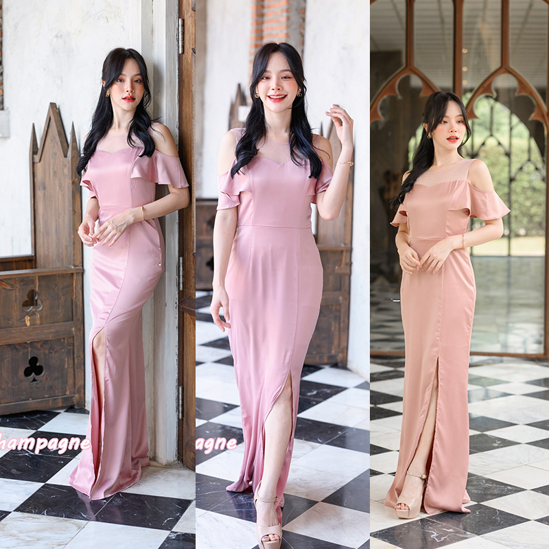 kudapy เดรสยาวPink Champagne/Pink Gold ทรงสวย ใส่ออกงานสวยหรูดูแพง ช่วงบนทำเป็นอก Curve คล้ายเกาะอก แต่จริงๆแล้วแต่งด้วยผ้าซีทรูใส่ง่ายไม่ต้องกลัวโป๊กลัวหลุด
