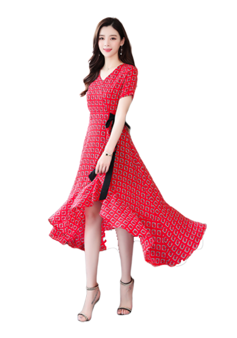 ชุดเดรสผ้าโพลีเอสเตอร์ผสมสีแดง ลายสี่เหลี่ยม สวยเก๋