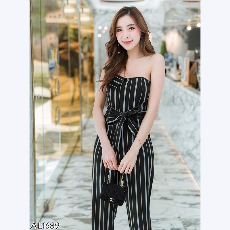 kudapy จั๊มสูทขายาวสีดำ,เขียว เกาะอกลายทางใส่สบายสวยดูดี