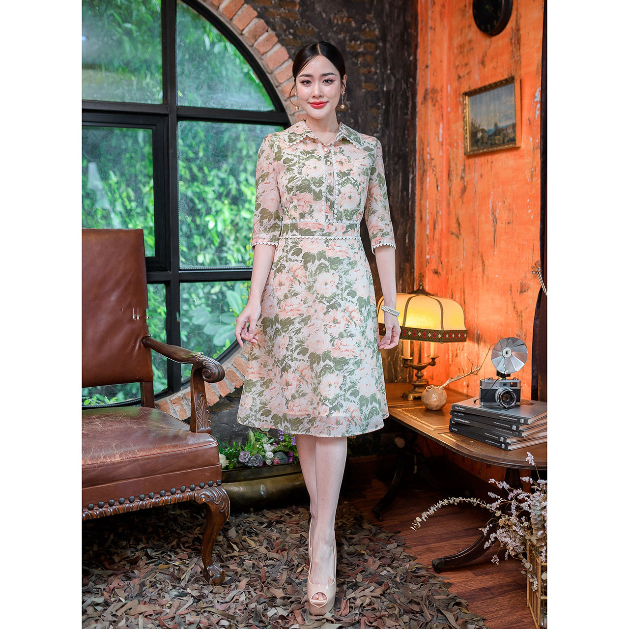 kudapy เดรสสั้นสีฟ้า/สีส้ม สไตล์เชิ้ต สวยเท่คอปก งานผ้าชีฟองลายดอกไม้