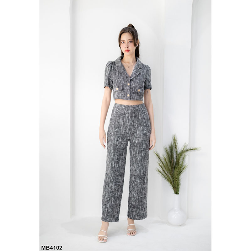 kudapy เซ็ทผ้าทวิตเสื้อปกสูท+กางเกงขายาวสีชมพู/สีดำ