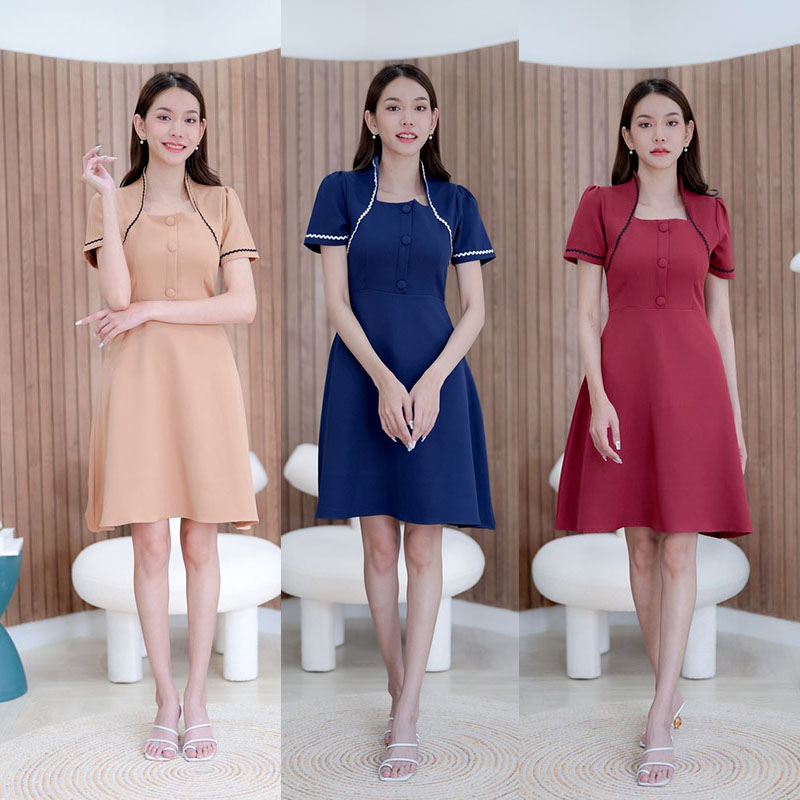 kudapy เดรสสั้นสีน้ำตาล/สีแดง/สีกรม ผ้าพื้นแต่งไหล่ สวยใส่สบายดูดี