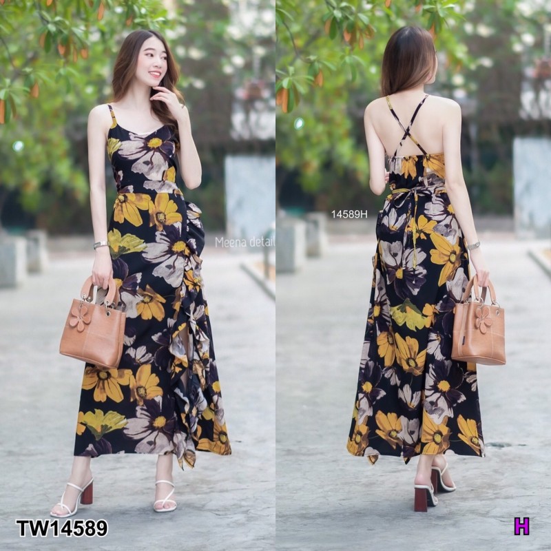 kudapy เดรสยาวสีครีม ชมพู ดำ ม่วง สายเดี่ยวไขว้สายด้านหลัง แต่งผ้าระบายและผ่าด้านข้าง มีซิปซ่อนด้านข้าง มีโบว์เส้นเล็กผูกเอวปรับระดับได้ งานผ้าไหมอิตาลี