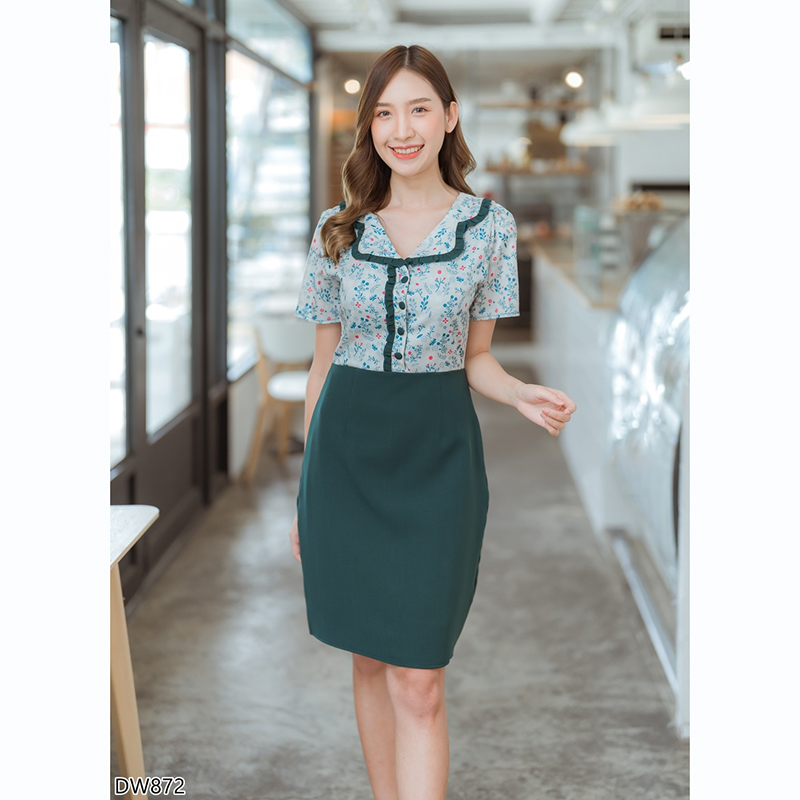 kudapy เดรสสั้นสีเขียว/สีชมพู/สีกรม คอบัวลายดอก ใส่สบายสวยดูดี