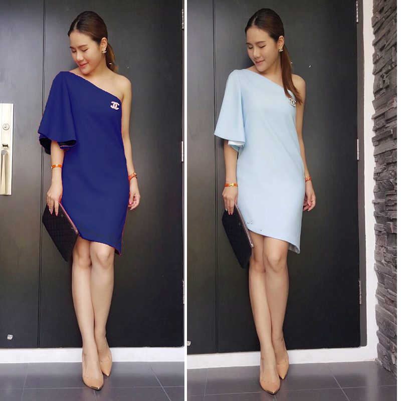 kudapy เดรสสั้นสีเทา/น้ำเงิน ออกงาน แบบเรียบหรู ปาดไหล่ ใส่ได้ทั้งงานเช้า งานเย็น