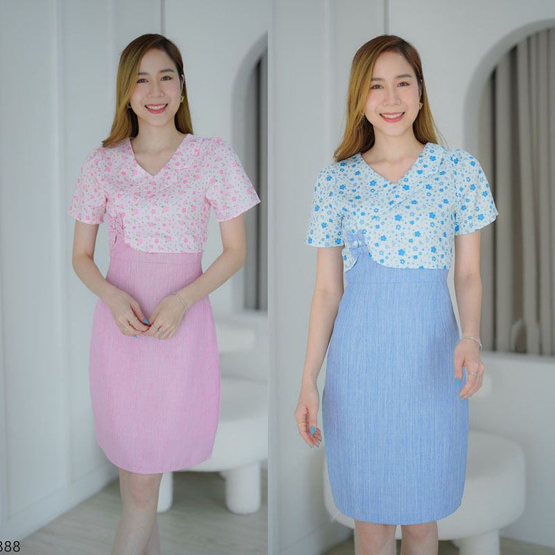 kudapy เดรสสั้นสีฟ้า/สีชมพู เสื้อลายดอกกระโปรงสีพื้น ใส่สบายสวยดูดี