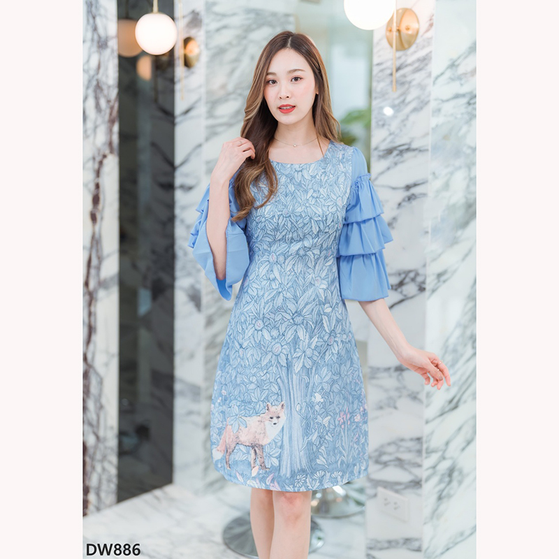 kudapy เดรสสั้นสีฟ้า/สีชมพู/สีน้ำตาล แขนระบายลายหมาป่าใส่สวยดูดีสบายตัว