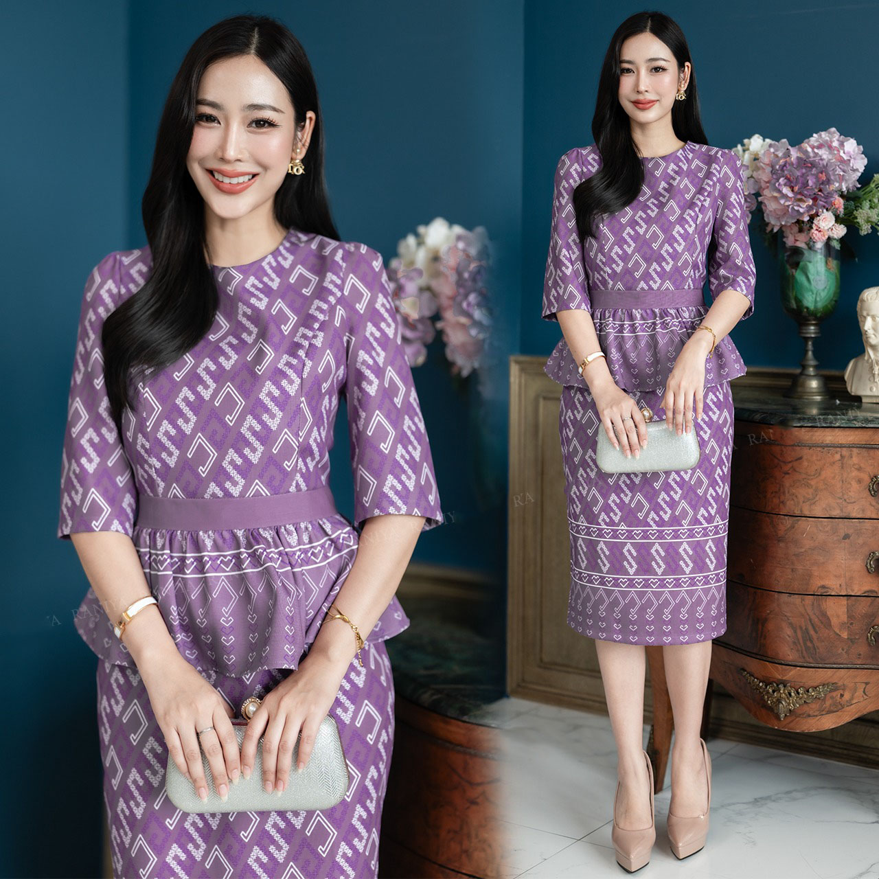 kudapy Set 2 ชิ้น ผ้าโพลีเอสเตอร์แบบทอ งานพิมพ์ลาย ตัวเสื้อคอกลม จับจีบช่วงเอวช่วยอำพรางหุ่น วกระโปรงผ่าหลังเล็กน้อย