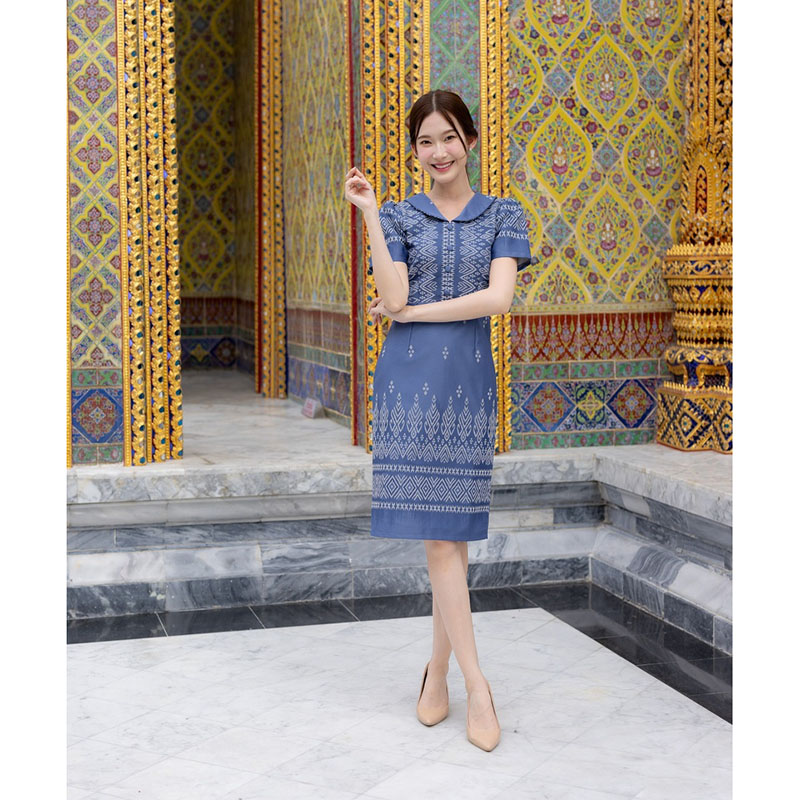 kudapy เดรสสั้นสีม่วง/สีกรม/สีชมพู ผ้าทอแต่งปกติดกระดุมหน้า