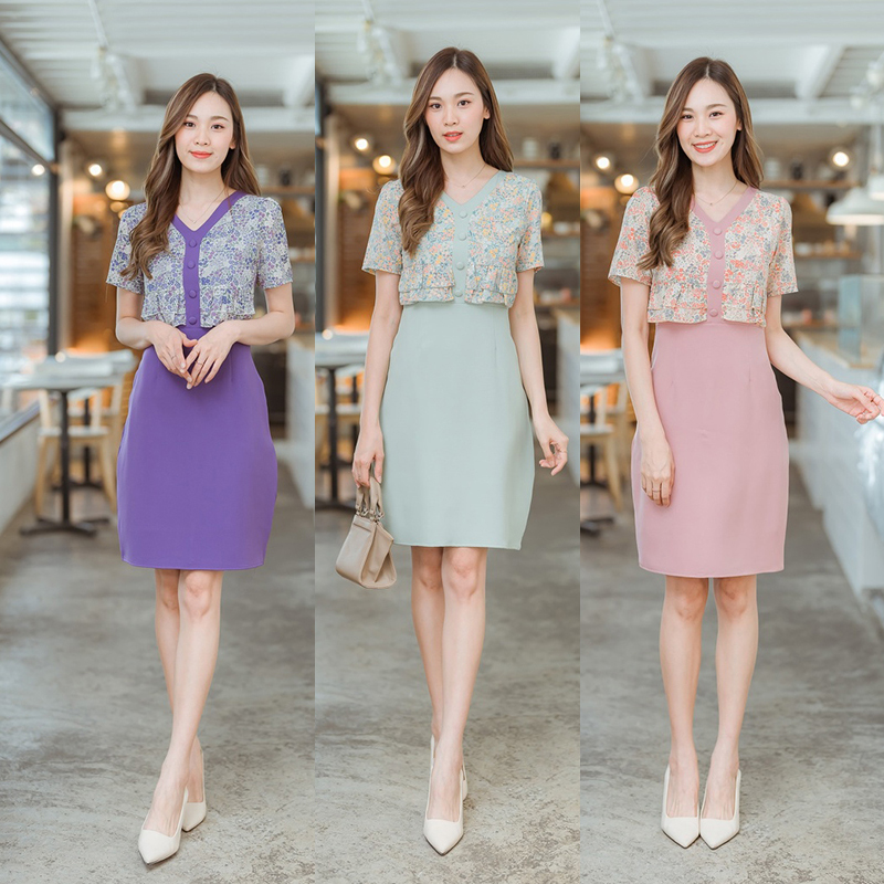 kudapy เดรสสั้นสีเขียว/สีชมพู/สีม่วง เดรสใส่ทำงานท่อนบนลายดอกมีกระดุมกลางอก