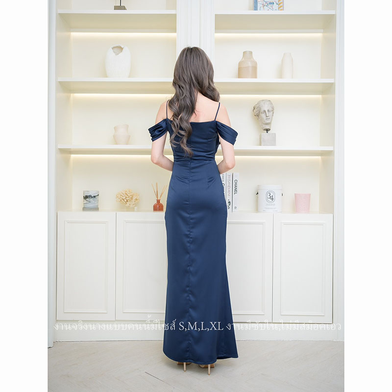 kudapy เดรสยาวเปิดไหล่ใส่ออกงาน สีชมพู/สีกรม/สีน้ำตาลอิฐ/สีแดงเลือดหมู ซับในทั้งชุด ผ้าเครปซาตินเนื้อดี