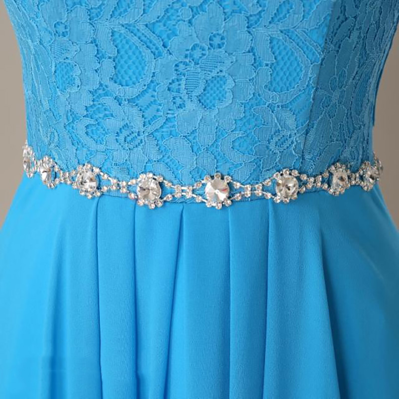 kudapy ชุดราตรียาวสีฟ้า ไซส์ใหญ่ แขนสามส่วน แต่งลูกไม้ กระโปรงผ้าชีฟอง เอวแต่งเพชร