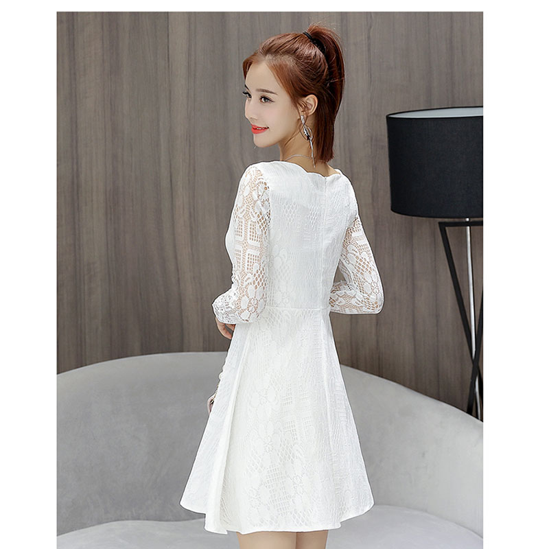 kudapy ชุดเดรสสั้นสีขาว,สีชมพู,สีฟ้า,สีแดง แฟชั่นแขนยาวแต่งคอหยักซิปหลัง ทรงสวมปลายบานพริ้ว