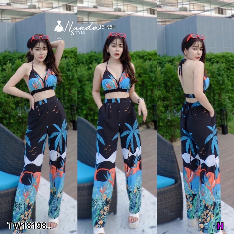 kudapy Set 2 ชิ้น เสื้อสายผูกไหล่ พิมพ์ลาย + กางเกงขายาว เซตไปทะเล เดินชายหาด