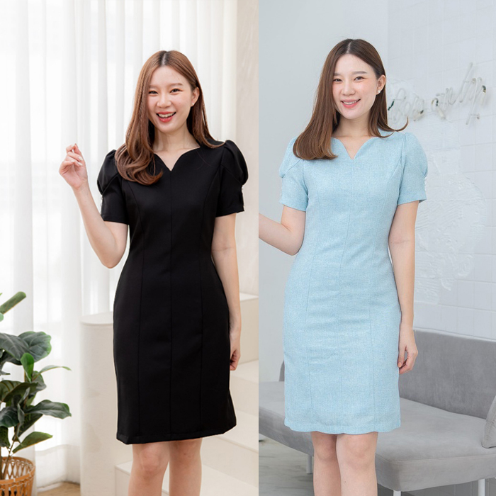 kudapy เดรสสั้นสีฟ้า/สีดำ/สีเขียว/สีชมพู เย็บตัดต่อทั้งตัว คอหยักทรงวี แขนทรงตุ้กตา