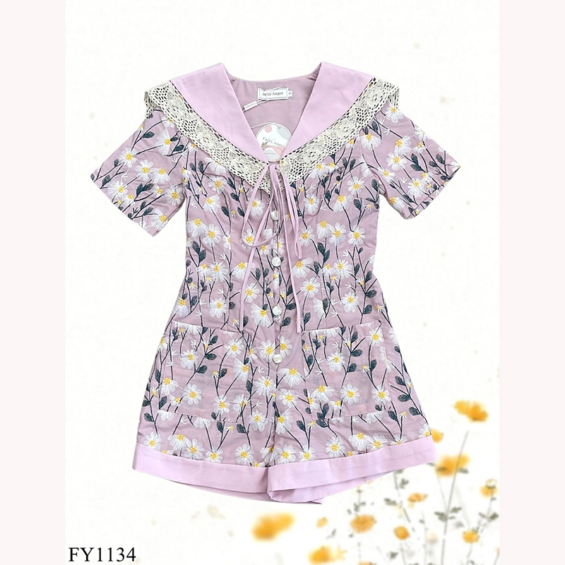 kudapy จั๊มสูทขาสั้นสีชมพู กางเกงลายดอกไม้มีปกผูกเชือกกลางอก