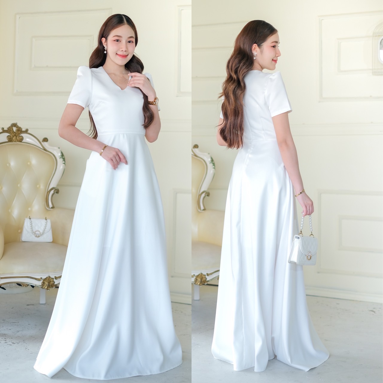 kudapy เดรสยาวสีขาว/สีชมพูพาสเทล/สีทอง แขนสั้น คอวี เกาหลีมากแม๊ คัตติ้งเริศแบบอลัง เข้ารูป เก็บทรง