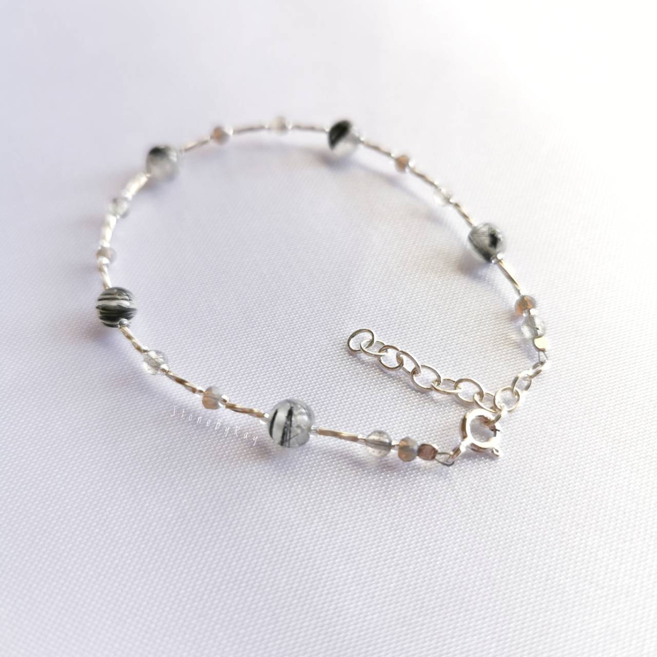 สร้อยข้อมือเงินหินลาบราโดไลท์+หินไหมดำ Labradorite+Black Tourmaline Quartz