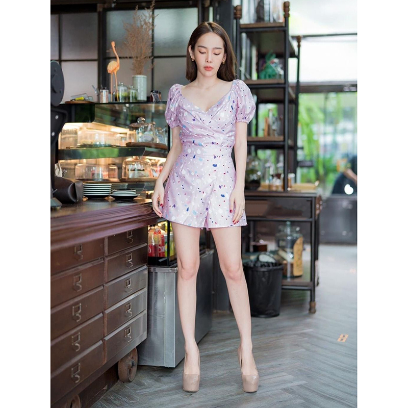 kudapy เซท2ชิ้น เสื้อคอวีสีชมพู เสื้อทรงคอวีปาดเย็บจีบไขว้ ทรงแขนตุ๊กตาเย็บจั้มเป็นทรงที่น่ารักมากๆ