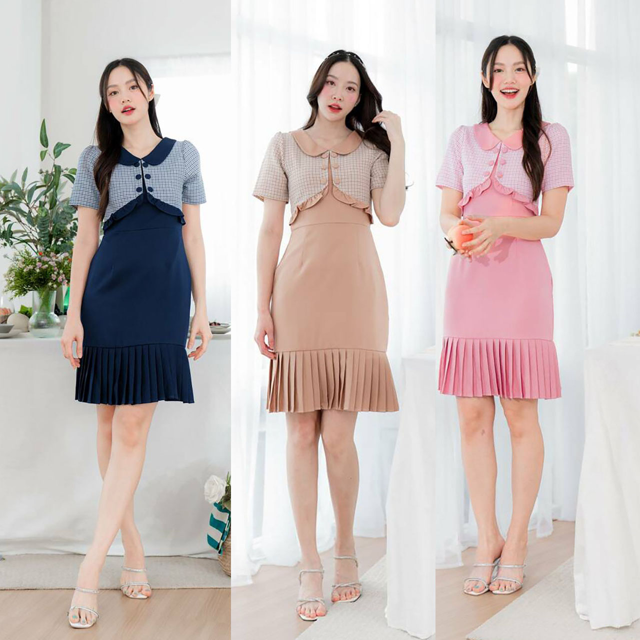 kudapy เดรสสั้นสีน้ำตาล/สีชมพู/สีกรม ปลายกระโปรงพลีทกั๊กสก๊อต