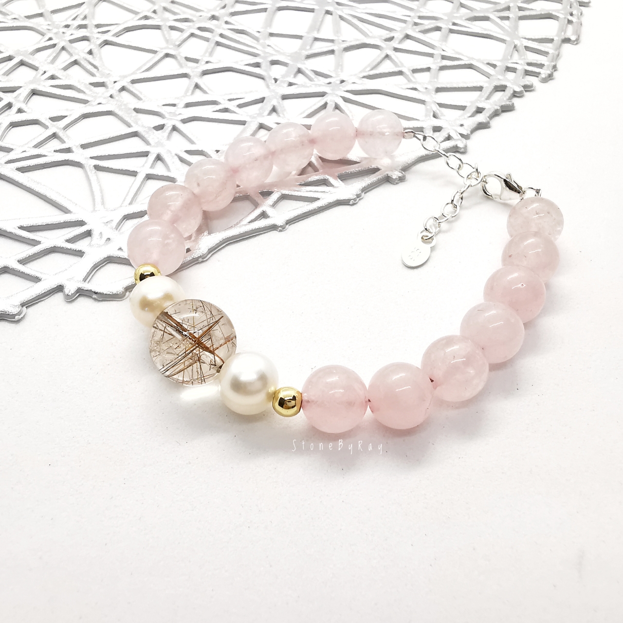 สร้อยข้อมือเงินหินโรสควอตซ์+ไข่มุกแท้+หินไหมเศรษฐี