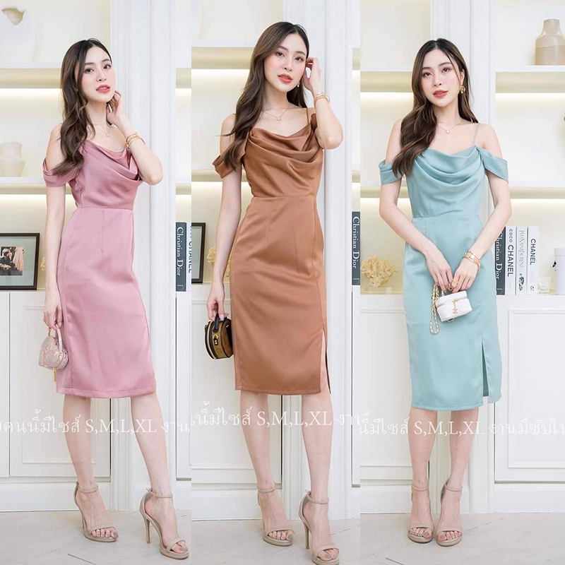 kudapy เดรสสั้นสีชมพู/สีเขียวมิ้น/สีน้ำตาลอิฐ ชุดราตรีสั้นคอถ่วงปิดต้นแขนผ้าเครปซาติน