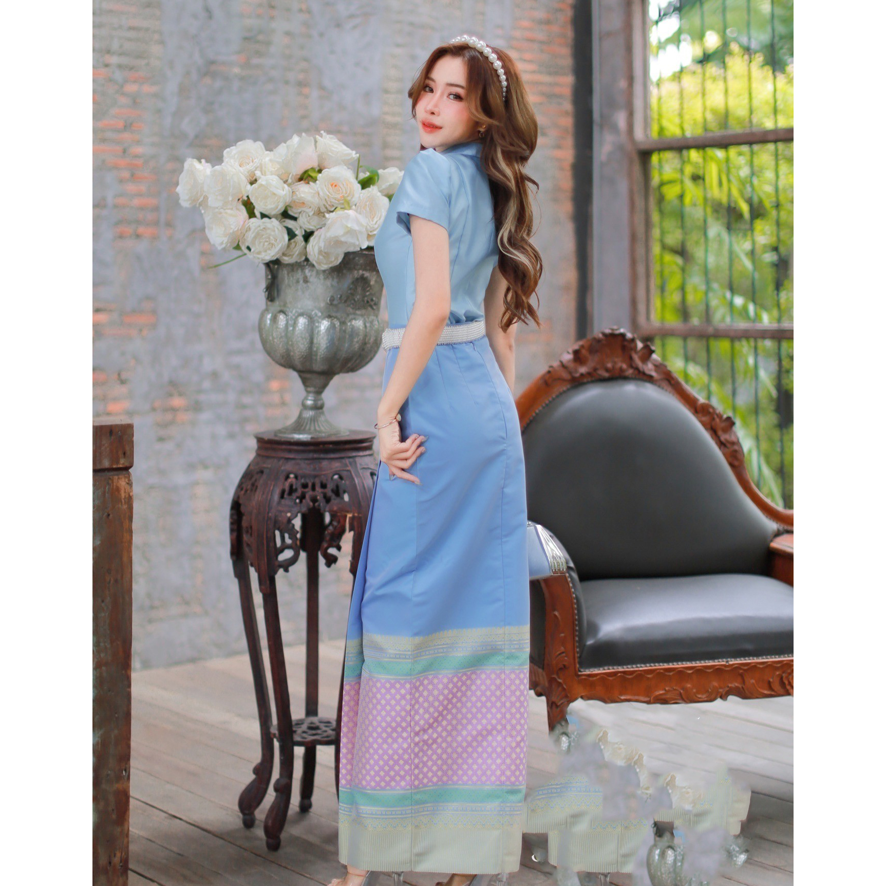 kudapy ชุดไทยสีฟ้าเสื้อ+ผ้าถุงทอลาย ชุดไทยจิตรลดาแขนสั้นสีฟ้าชุดไทยวันแม่ ชุดไปวันแม่ รีบจองเลยนะคะก่อนหมดจร้า