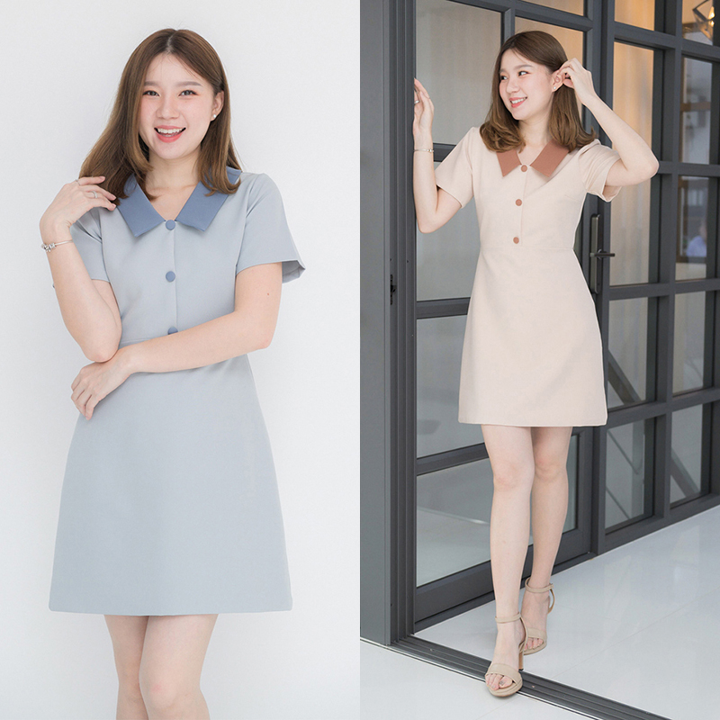 kudapy เดรสสั้นสีเขียว,มัทฉะ,ชมพูเข้ม,เขียวเลมอน,ดำ,ชมพูอ่อน,น้ำตาลเทาหม่น,ครีมชมพู,เทาฟ้า คอปกแขนสั้น กระโปรงทรงเอเล็กๆ แพทเทิร์นตัดต่อกลางตัวเสื้อแต่งกระดุมปั๊มสีเดียวกับปก