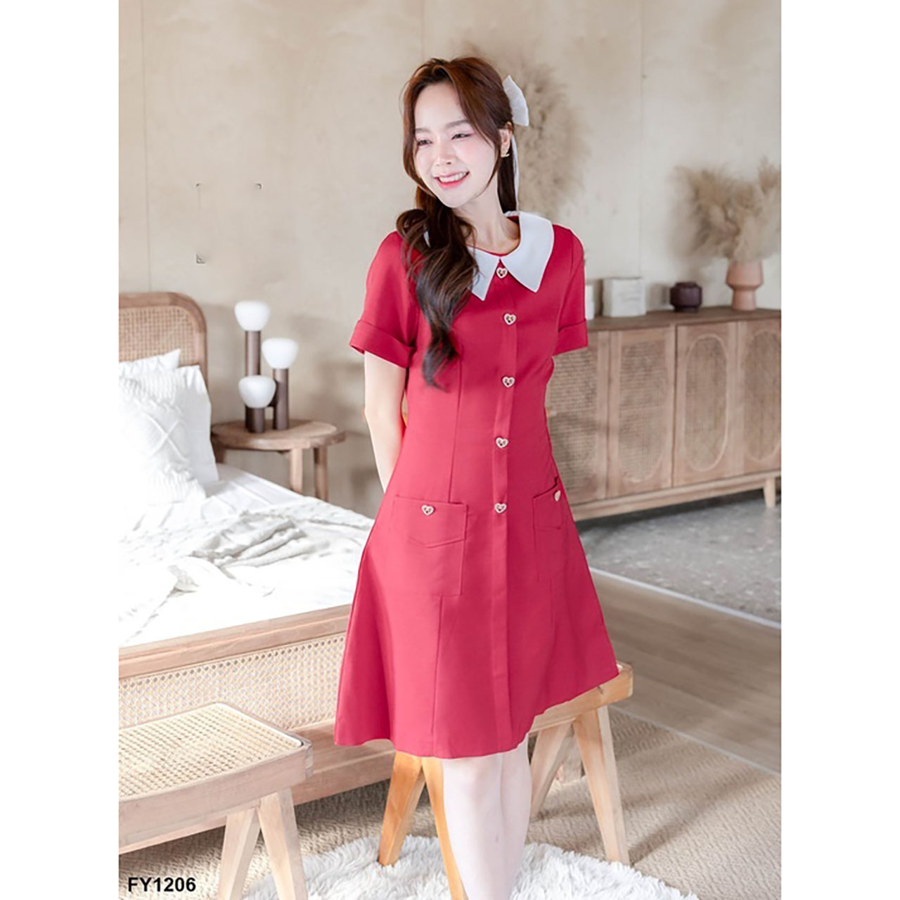 kudapy เดรสสั้นสีแดง/สีฟ้าคราม ทรงบานแต่งกระดุมหัวใจ7ชิ้น