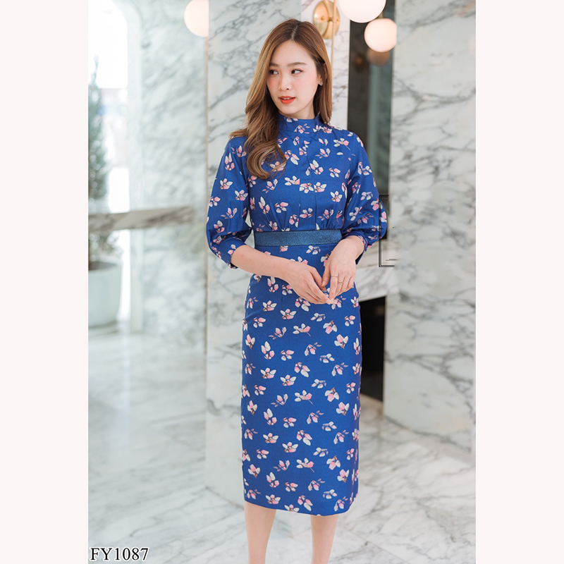 kudapy เดรสสั้นสีกรม/สีชมพู แขนยาวคอปีนลายดอกไม้