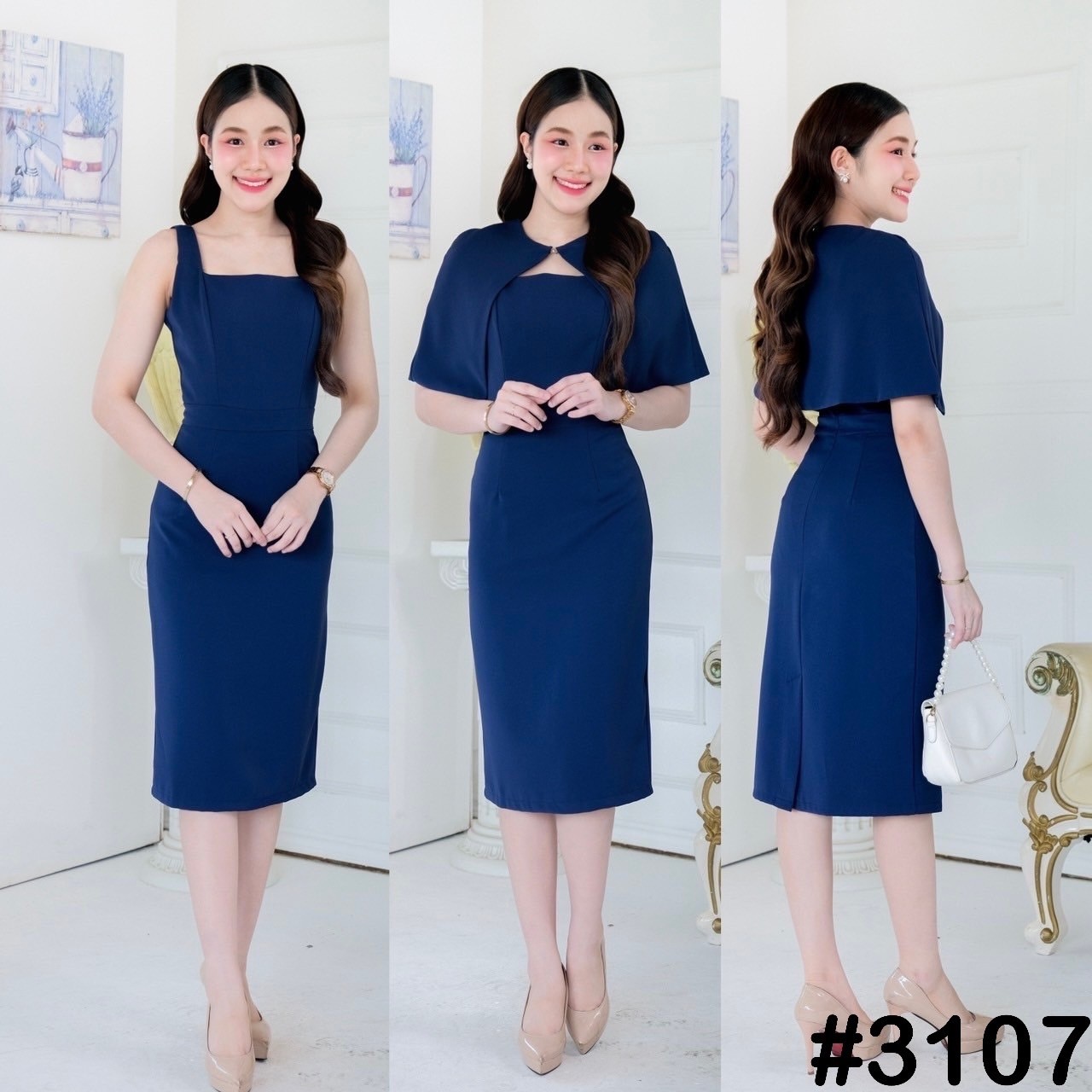 kudapy เดรสสั้น ผ้าคลุมบ่าถอดได้ เดรสดีไซส์ทรงคอเหลี่ยม มีขอบเอว กระโปรงทรงสอบ ผ่าหลังป้ายซ้อน ไม่โป๊ เดรสทรงสุภาพ