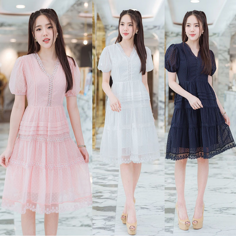 kudapy เดรสสั้นสีชมพู,ขาว,กรม เกาหลีแต่งลูกไม้สวยดูดี