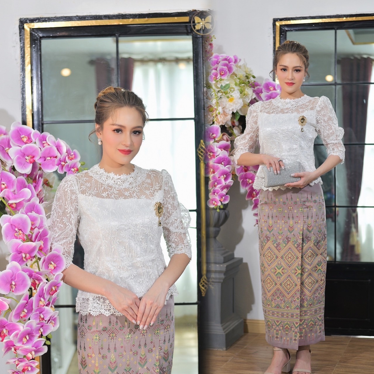 kudapy ชุดเซ็ทเสื้อลูกไม้ใยบวบผสมเลื่อมเกรดพรีเมี่ยม ซิปหลัง มีซับในทั้งตัว แขนยาว ลูกไม้ 3 มิติ