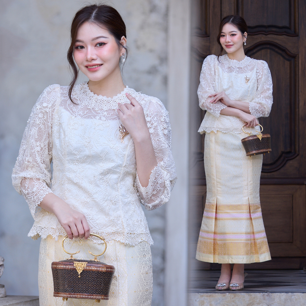 kudapy ชุดเซตผ้าไทย ชุดไทย เสื้อลูกไม้ใยบวบฝรั่งเศษ (สีขาวนวล) ผ้าถุง ผ้าไหมแพรวา ทอลายกาฬสินธุ์