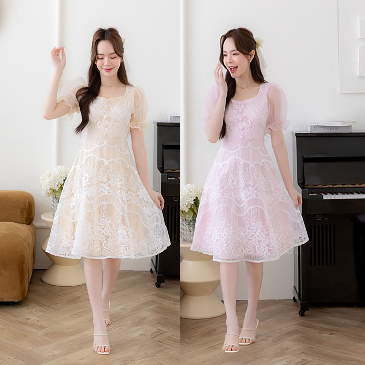 kudapy เดรสสั้นสีชมพู/สีครีม เดรสลูกไม้แขนตุ๊กตา แต่งกระดุมที่อก ผ้าใส่สบายสวยดูดี