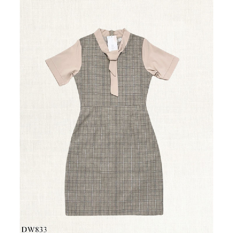 kudapy เดรสสั้นสีดำ/สีน้ำตาล/สีกรม ลายสก๊อตแขนตุ๊กตา