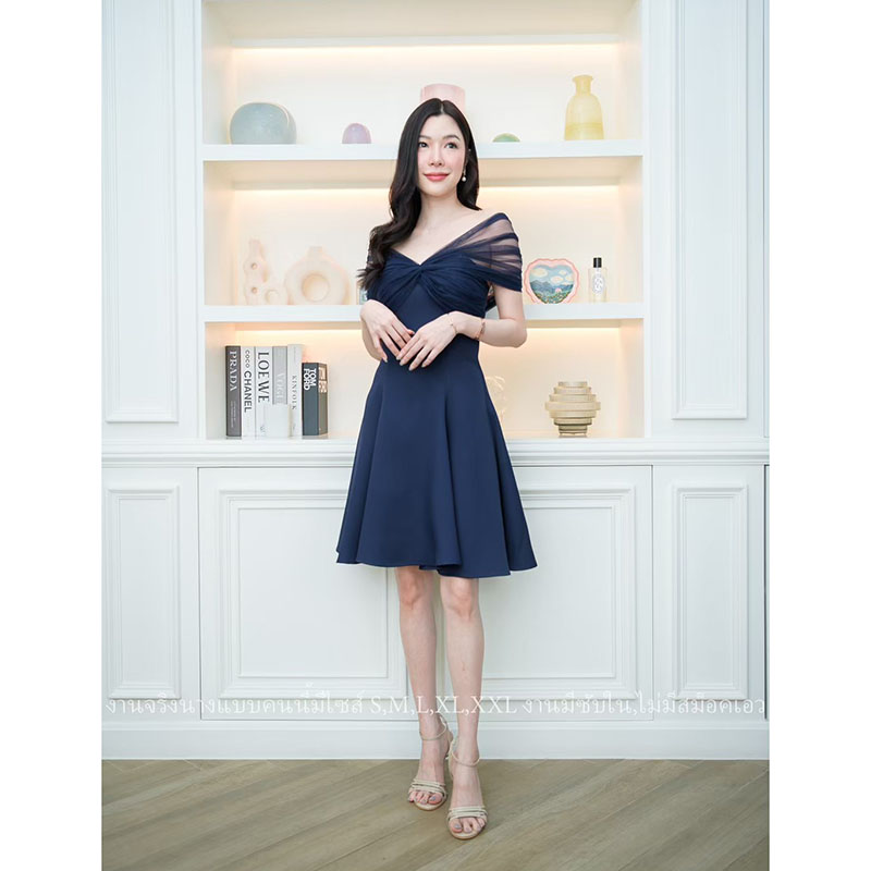 kudapy เดรสสั้นออกงานสีน้ำเงินกรมท่า/สีน้ำตาล/สีสีชมพูนู้ด ปาดไหล่แต่งผ้าซีทรู