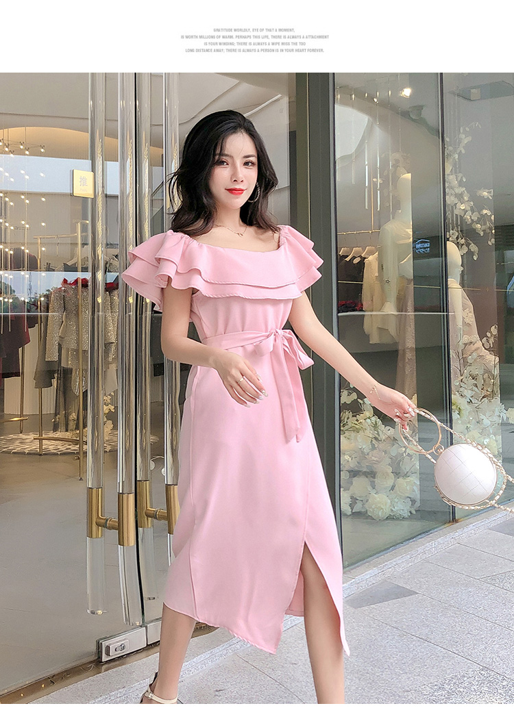 เดรสออกงานผ้าโพลีเอสเตอร์ผสมสีชมพู ใส่ได้หลากหลายแบบ ทั้งแบบปกติ แบบไหล่ป้าน