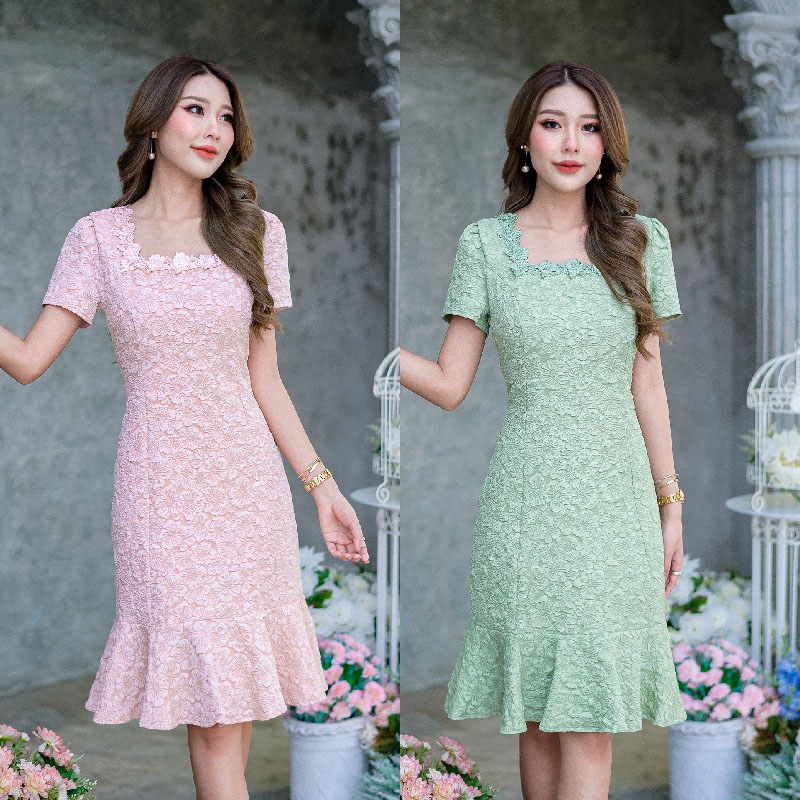 kudapy เดรสสั้นสีโอรส/สีเขียวพาสเทล ลายดอกไม้เนื้อนิ่ม ดีไซน์แขนสั้นชายระบาย ทรงสวยยอดฮิต