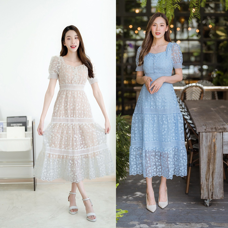 kudapy เดรสยาว สีฟ้า สีครีม สีชมพู เเดรสยาวคลุมเข่าลูกไม้ออกงานแขนตุ๊กตา สวยดูดีน่ารักมากๆ