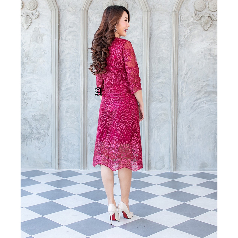 kudapy เดรสสั้นสีชมพูกะปิ/ทอง/ฟ้าอมเทา/แดง ลูกไม้แขนสี่ส่วน เนื้อผ้าเย็บปักเลื่อมเงาวิ้ง สวยมากค่ะ กระโปรงทรงเอบานชายเล็กน้อย