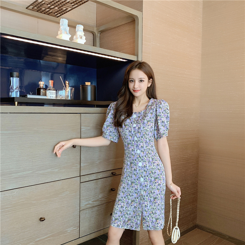 kudapy ชุดเดรสสีม่วง,สีเหลืองมัสตาร์ดใส่ทำงาน ผ้าโพลีเอสเตอร์ผสม พิมพ์ลายดอกไม้